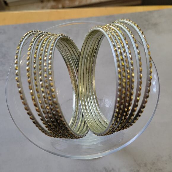 Silver with Gold Glitter Thin Metal Bangles Metallics Stack of 6 - Picture 3 of 5